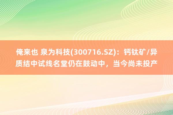 俺来也 泉为科技(300716.SZ)：钙钛矿/异质结中试线名堂仍在鼓动中，当今尚未投产